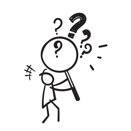 hand drawn stick figure magnifying glass and looking through it at interrogation points. Concept of frequently asked questions, query, investigation, search for information. doodleのイラスト素材