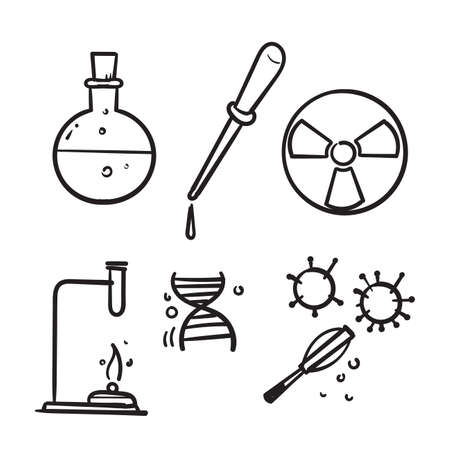 hand drawn set of Chemistry lab and diagrammatic icons showing assorted experiments, glassware and molecules isolated on white for design elements in doodle styleのイラスト素材