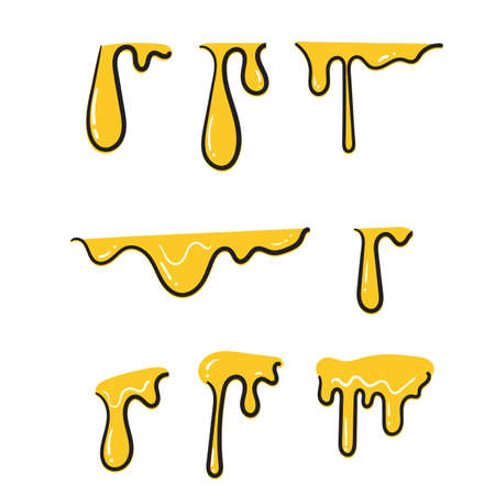hand drawn doodle Dripping honey. Golden yellow cartoon syrup or juice dripping liquid oil splashes isolatedのイラスト素材