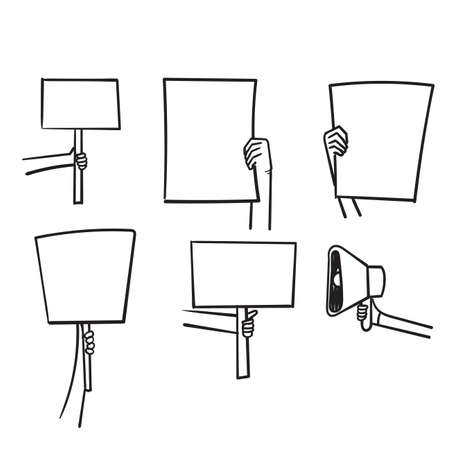 hand drawn doodle hand holding banner symbol for Protesters icon isolatedのイラスト素材