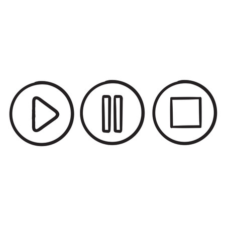 hand drawn doodle play, pause and stop button illustration icon isolated
