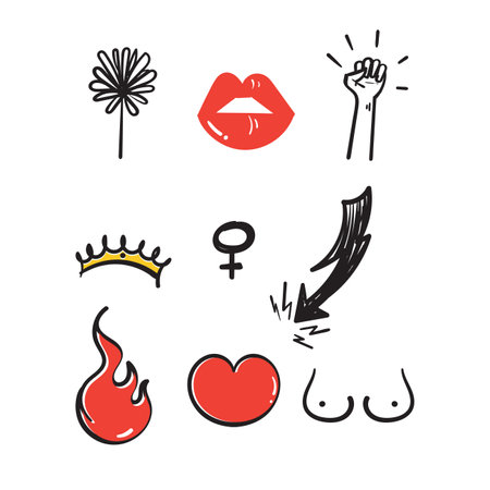 hand drawn doodle Set of feminism elements illustration isolated backgroundのイラスト素材