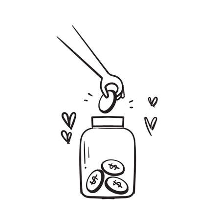 hand drawn doodle put coin into box charity donation illustration icon isolatedのイラスト素材