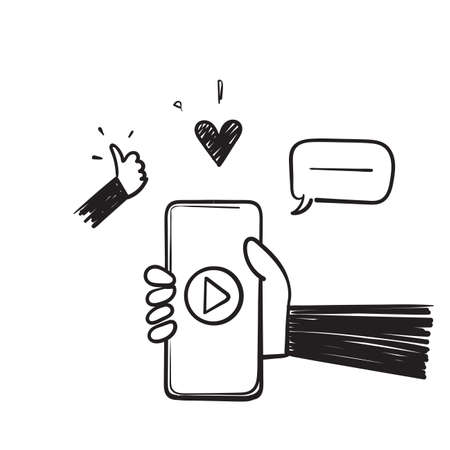 hand drawn doodle mobile video play, social media share icon vectorのイラスト素材