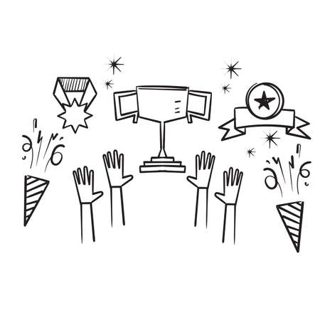 hand drawn doodle Reward program, winner cup, game trophy medal illustration iconのイラスト素材