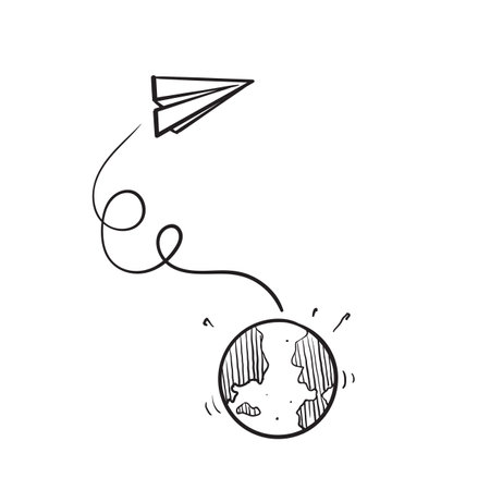 hand drawn doodle globe and paper plane track symbol for journey illustration isolatedのイラスト素材