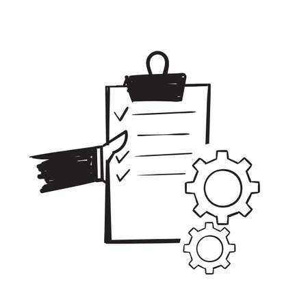 hand drawn doodle clipboard check and gears illustrationのイラスト素材