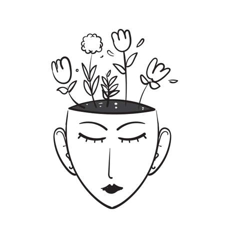 hand drawn doodle Human or woman head with flowers inside illustration vectorのイラスト素材