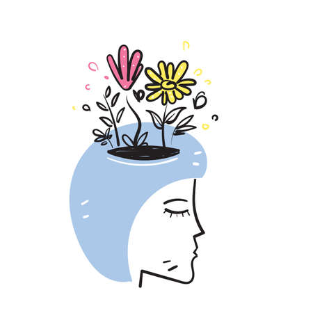 hand drawn doodle Human or woman head with flowers inside illustration vectorのイラスト素材