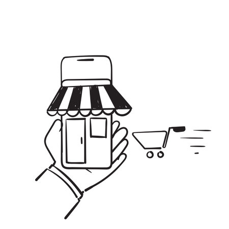 hand draw doodle mobile and store illustration symbol for online store and shopping cart isolatedのイラスト素材
