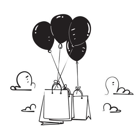 hand drawn doodle shopping bag and cart flying with black balloon illustrationのイラスト素材