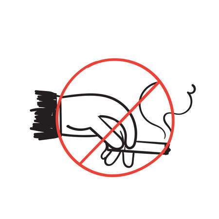 hand drawn doodle hand holding cigarette symbol for no smoking illustration vector isolatedのイラスト素材