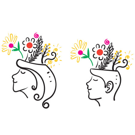 hand drawn doodle human with flower thought symbol for Mental health, happiness, harmony creative iconのイラスト素材