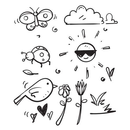 hand drawn doodle spring season nature illustration vectorのイラスト素材