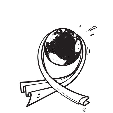 hand draw doodle world globe and ribbon illustration icon isolatedのイラスト素材