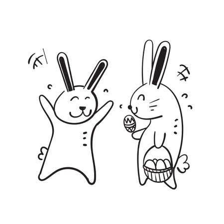 hand drawn doodle bunny rabbit and easter egg illustration vector isolatedのイラスト素材