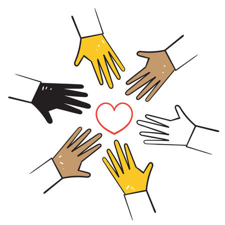 hand drawn doodle hand holding love together symbol for diversity illustrationのイラスト素材