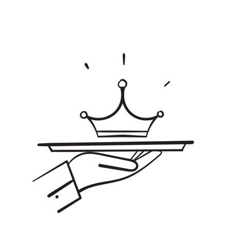 hand drawn doodle hand serving crown symbol for exclusive premium service illustrationのイラスト素材