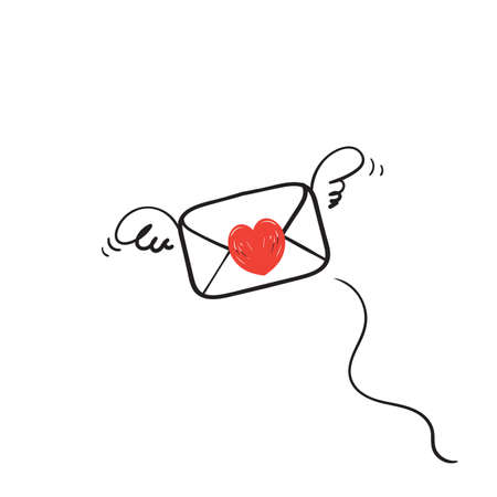 hand drawn doodle envelope with love sign flying illustration vectorのイラスト素材