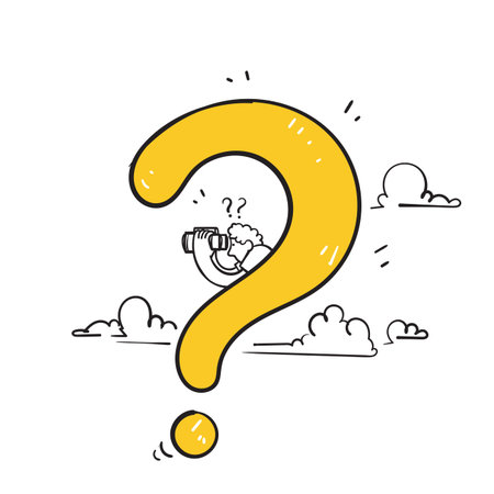 hand drawn doodle holding binocular with question mark symbol for search new business idea illustrationのイラスト素材