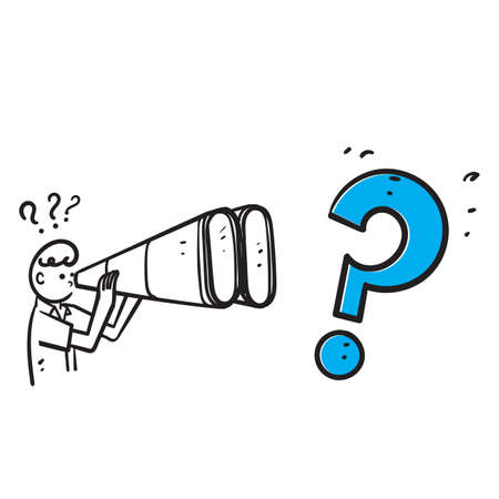 hand drawn doodle holding binocular with question mark symbol for search new business idea illustrationのイラスト素材