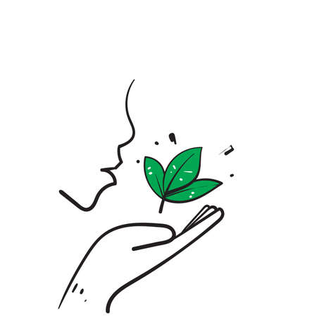 hand drawn doodle hand holding leaf symbol for eco illustration symbolのイラスト素材