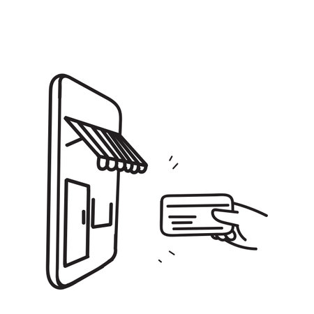 hand drawn doodle online shopping payment on mobile with card illustrationのイラスト素材