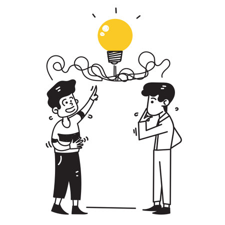 hand drawn doodle people with tangled bulb symbol for teamwork solving business problems illustrationのイラスト素材