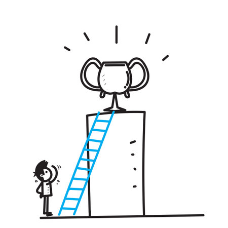 hand drawn doodle stick figure with ladder of success achieving goal illustrationのイラスト素材