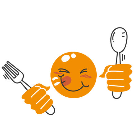 hand drawn doodle yummy face smiley icon delicious holding fork and spoon illustrationのイラスト素材