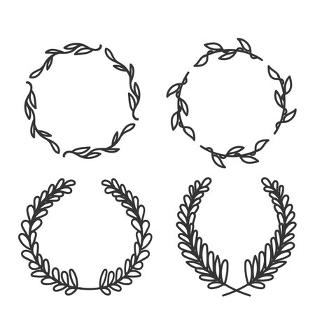 hand drawn doodle black laurels wreath frames branches with circle borders illustrationのイラスト素材