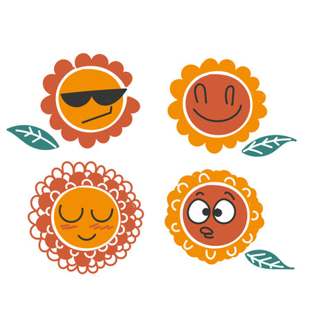 hand drawn doodle flowers with cartoon funny smiling faces illustrationのイラスト素材