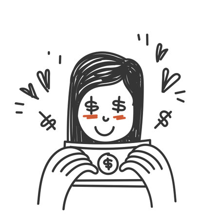 hand drawn doodle woman blushed with money shaped eyes illustrationのイラスト素材