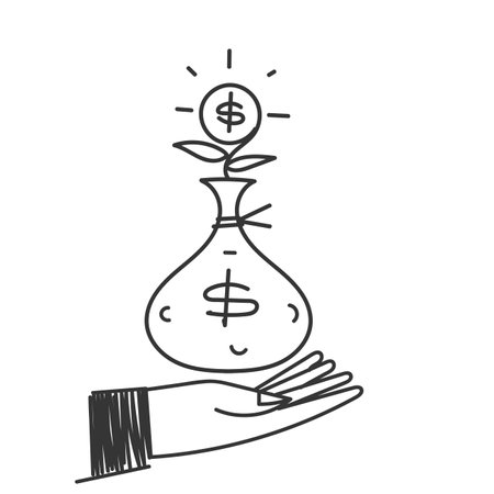 hand drawn doodle money plant grows from a money bag illustrationのイラスト素材