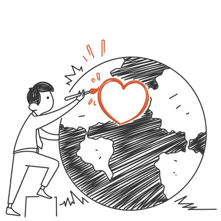 hand drawn doodle drawing love heart on a earth globe illustrationのイラスト素材