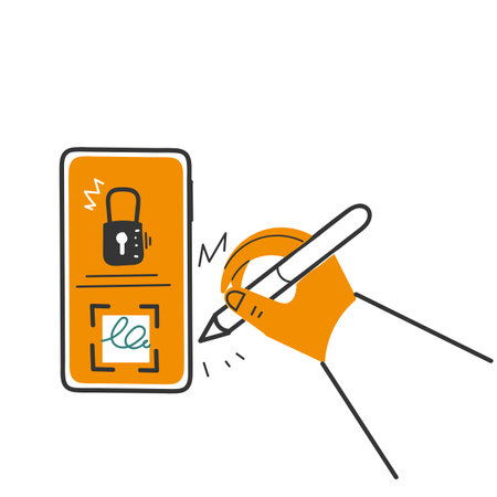 hand drawn doodle digital signature on mobile illustration vector isolatedのイラスト素材