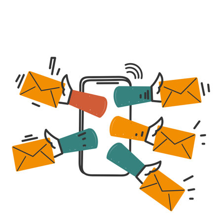 hand drawn doodle mobile phone sends a lot of envelope letters symbol for email marketing illustrationのイラスト素材