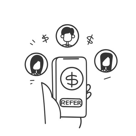 hand drawn doodle Referral affiliate marketing on mobile phone illustrationのイラスト素材