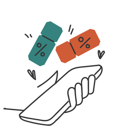 hand drawn doodle person holding Phone with discount coupon illustration vectorのイラスト素材