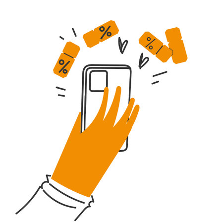 hand drawn doodle person holding Phone with discount coupon illustration vectorのイラスト素材