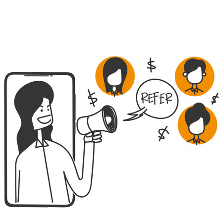 hand drawn doodle Referral affiliate marketing on mobile phone illustrationのイラスト素材
