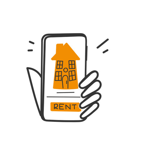 hand drawn doodle Hand holding mobile smart phone with rent home app illustrationのイラスト素材