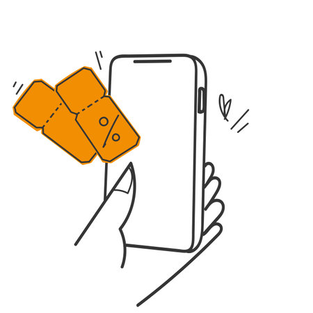 hand drawn doodle person holding Phone with discount coupon illustration vectorのイラスト素材