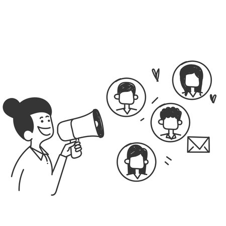 hand drawn doodle megaphone communicate with target audience illustration vectorのイラスト素材