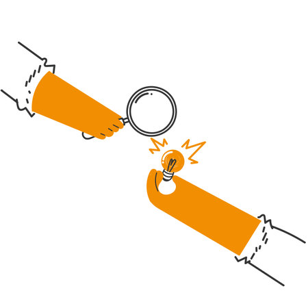 hand drawn doodle person holding magnifying glass and bulb symbol for searching idea illustration vectorのイラスト素材