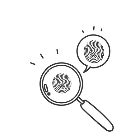 hand drawn doodle looking through magnifying glass at fingerprintsのイラスト素材