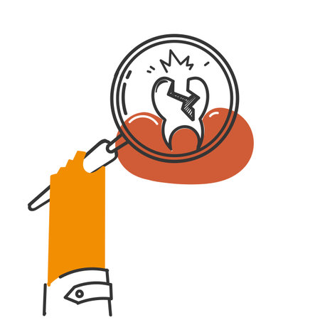 hand drawn doodle look at cavity tooth with magnifying glass illustrationのイラスト素材