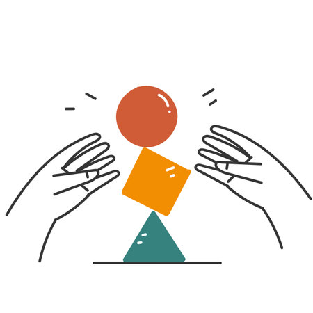 hand drawn doodle square,circle and triangle shapes are balancing in the handのイラスト素材