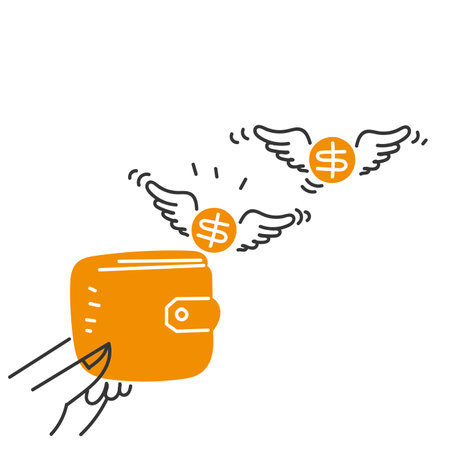 hand drawn doodle wallet with flying money with wings illustrationのイラスト素材