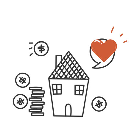 hand drawn doodle love real estate and coin stack illustration vectorのイラスト素材